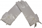 GIRLS SHORT SATIN GLOVES W/ LACE BOW & PEARLS (WHITE)